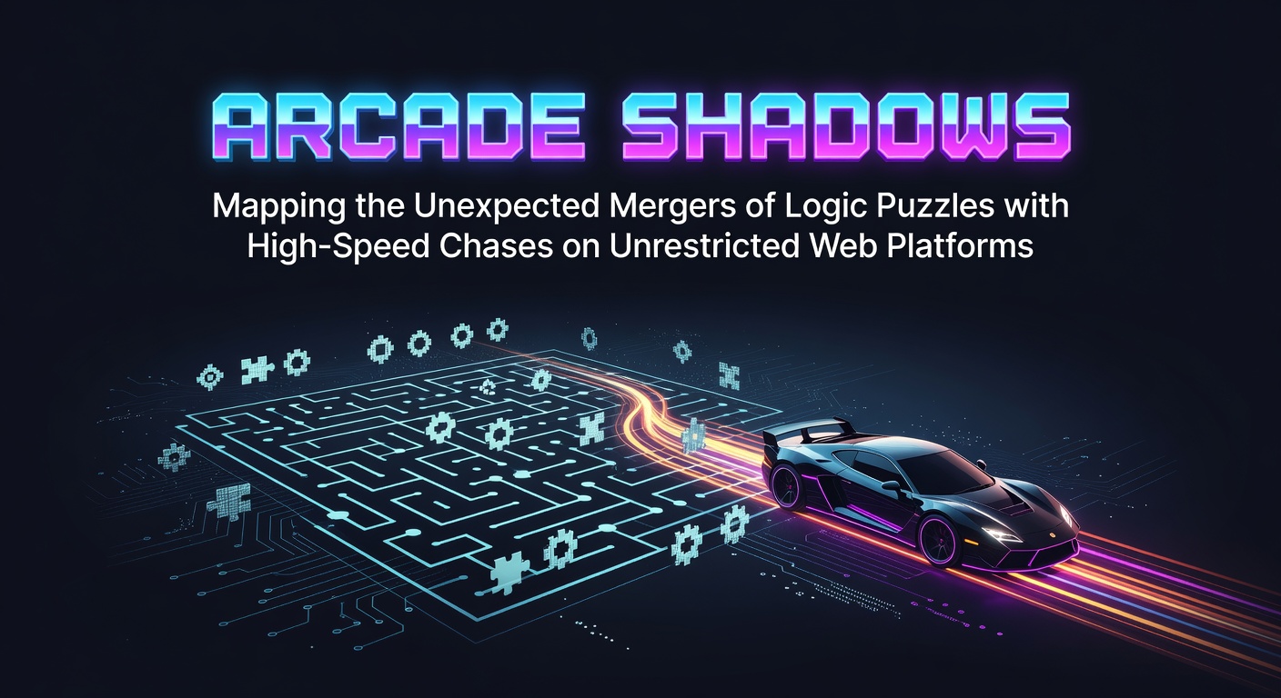 Browser-based racing game interface showing puzzle elements integrated into a high-speed chase scene on a free web platform