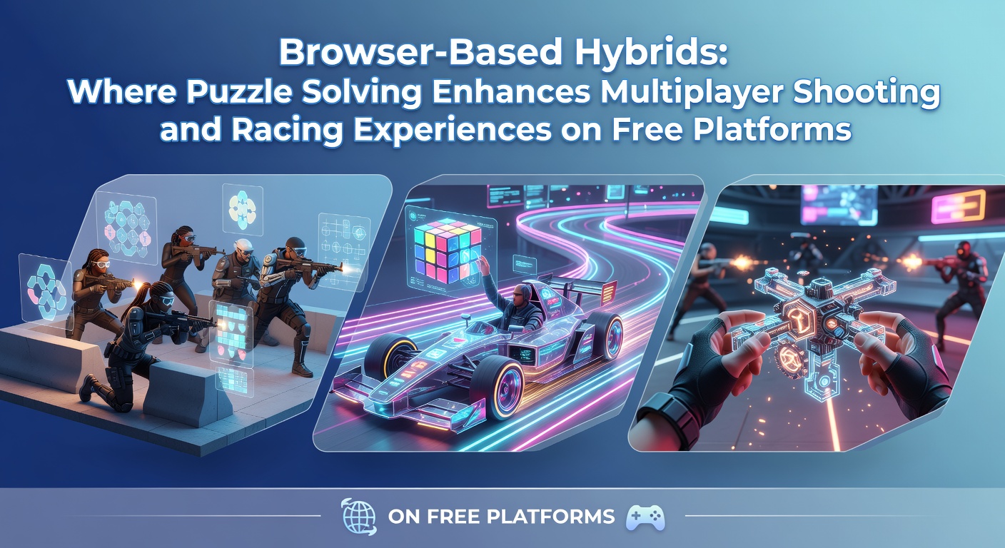 Players collaborate on puzzle elements during an intense multiplayer racing sequence in a browser-based hybrid game