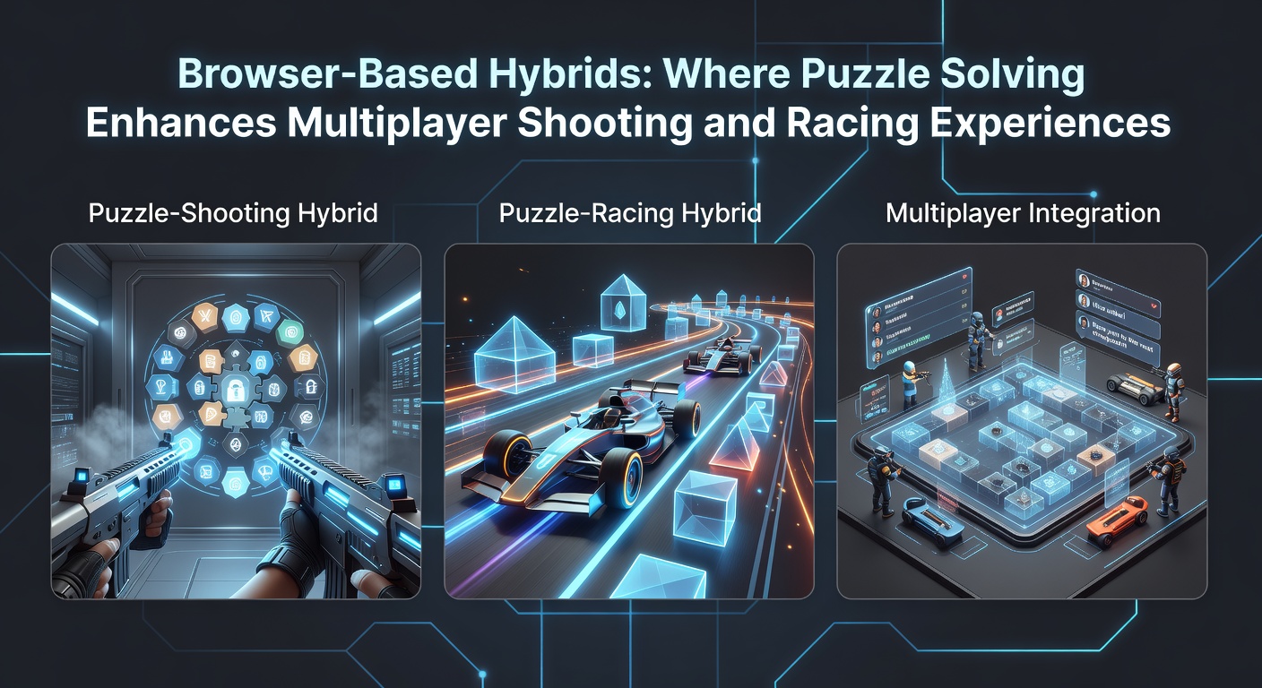 Split-screen view showing puzzle interface overlaid on a fast-paced multiplayer shooter arena within a browser game
