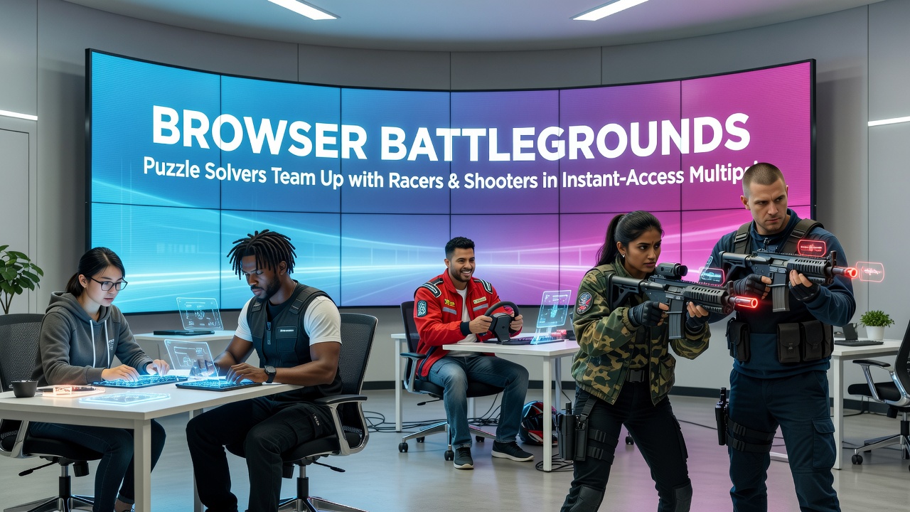 Team coordination scene in a browser arena with puzzle interfaces linked to racing paths and shooter positions