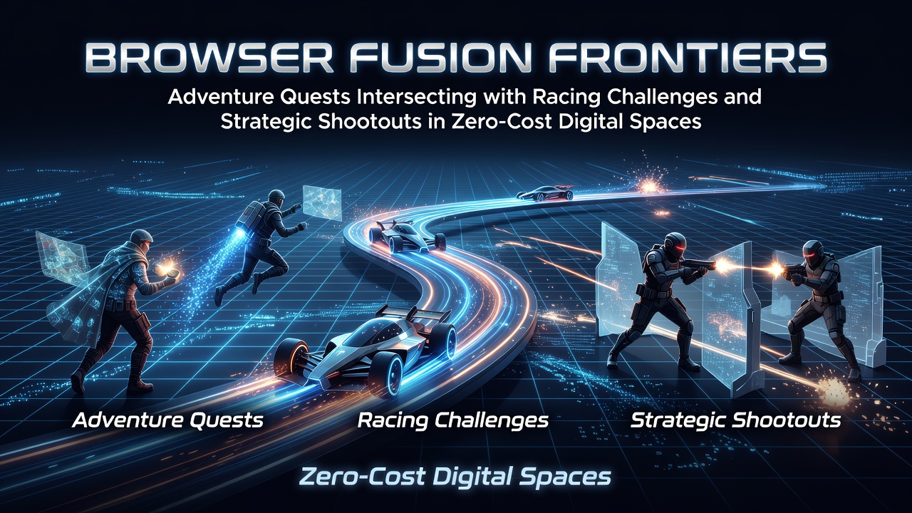 A vibrant screenshot of a browser game interface showing a character on a quest path that transitions into a racing track with shooter elements overlaid
