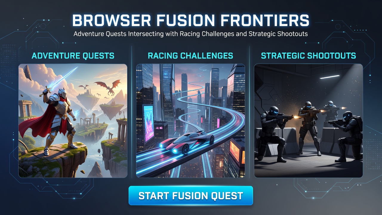 Screenshot depicting multiple players collaborating in a browser-based environment where an adventure map overlaps with racing lanes and tactical shooting zones