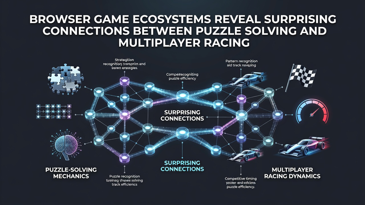 Split-screen view of a browser racing game with overlaid puzzle path indicators