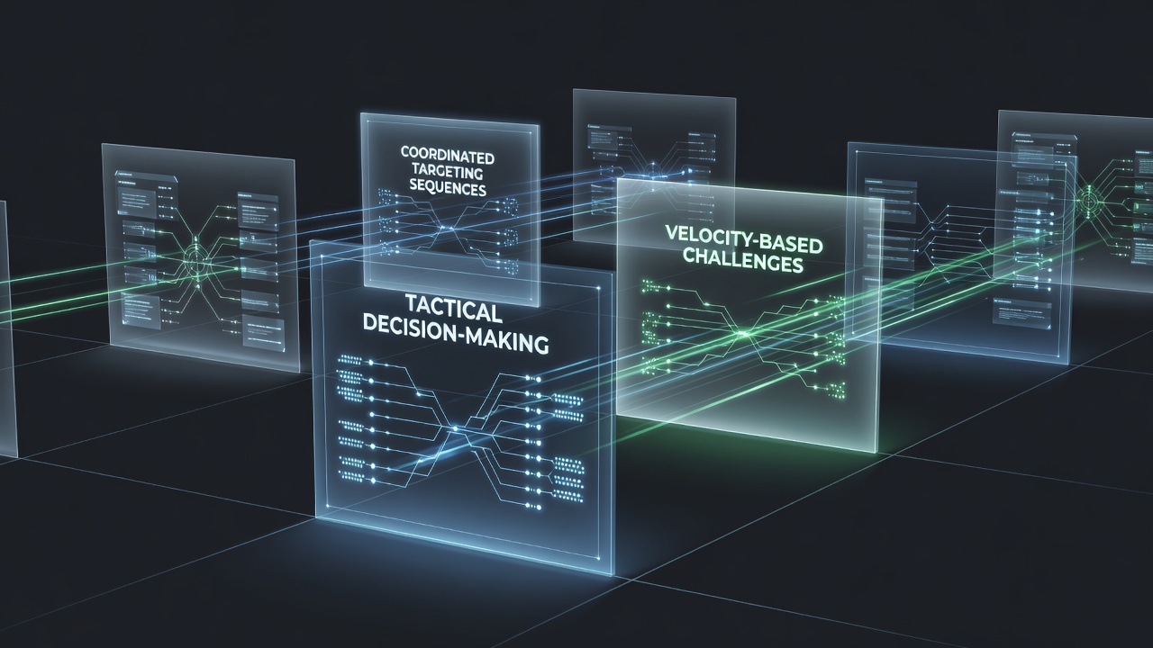 Browser interface displaying layered game mechanics involving tactical maps, speed tracks, and targeting overlays in a free environment