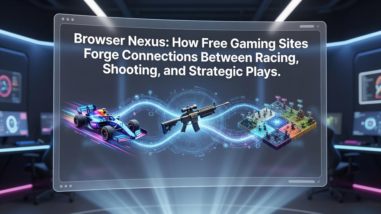 Split-screen view of a browser game combining a racing circuit with embedded shooter targets and overlay strategy panel