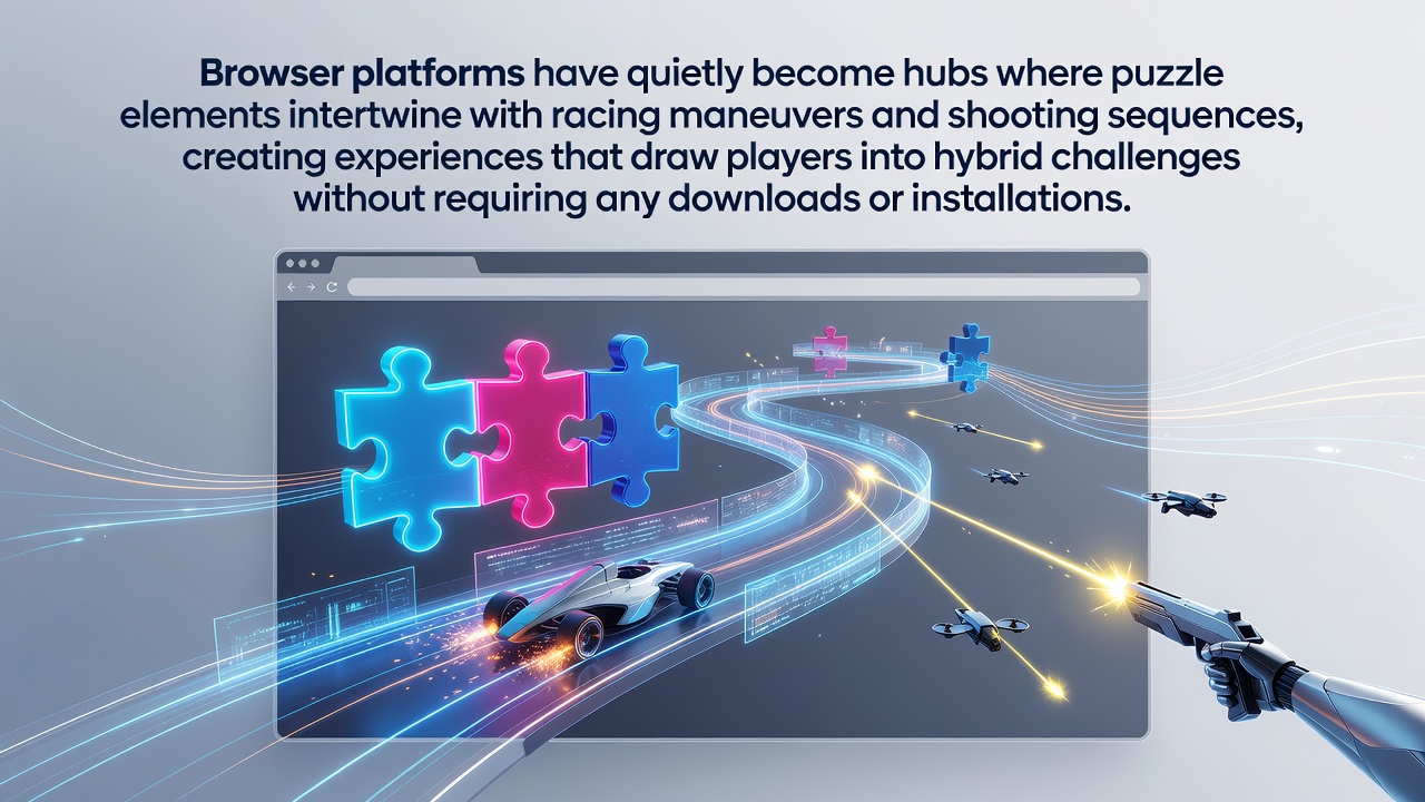 Browser game interface showing integrated puzzle, racing, and shooting elements on a free web platform
