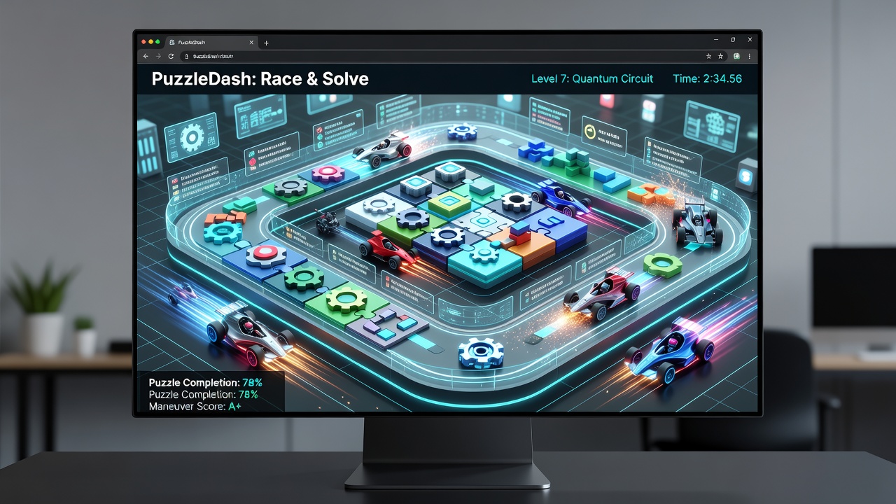 Players engaging in a hybrid browser game that merges puzzle solving with racing and shooting mechanics