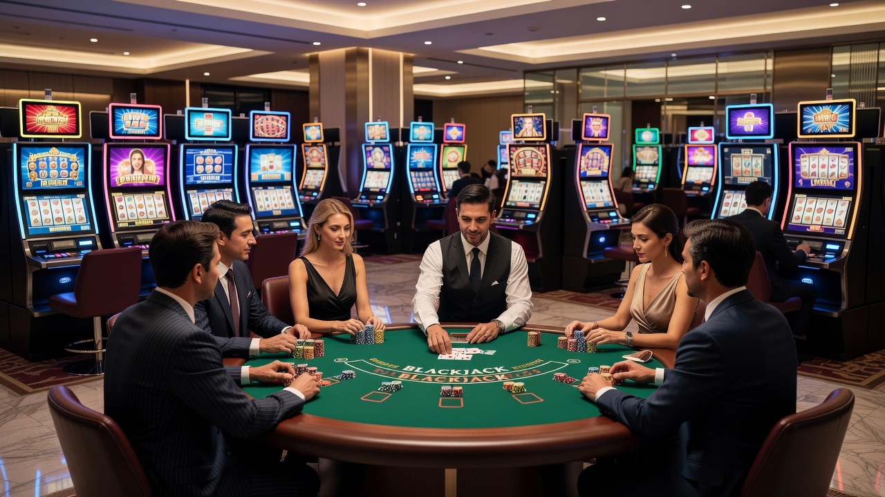 Digital casino interface showing slot machines and live dealer tables on a tablet device