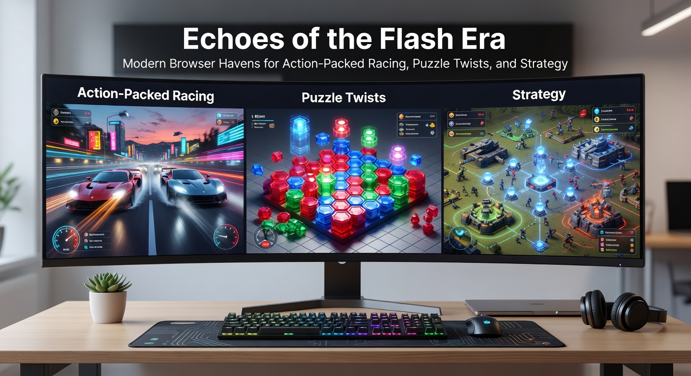 Intricate browser puzzle game interface showing merging elements and strategic board layouts, reminiscent of innovative Flash puzzle designs