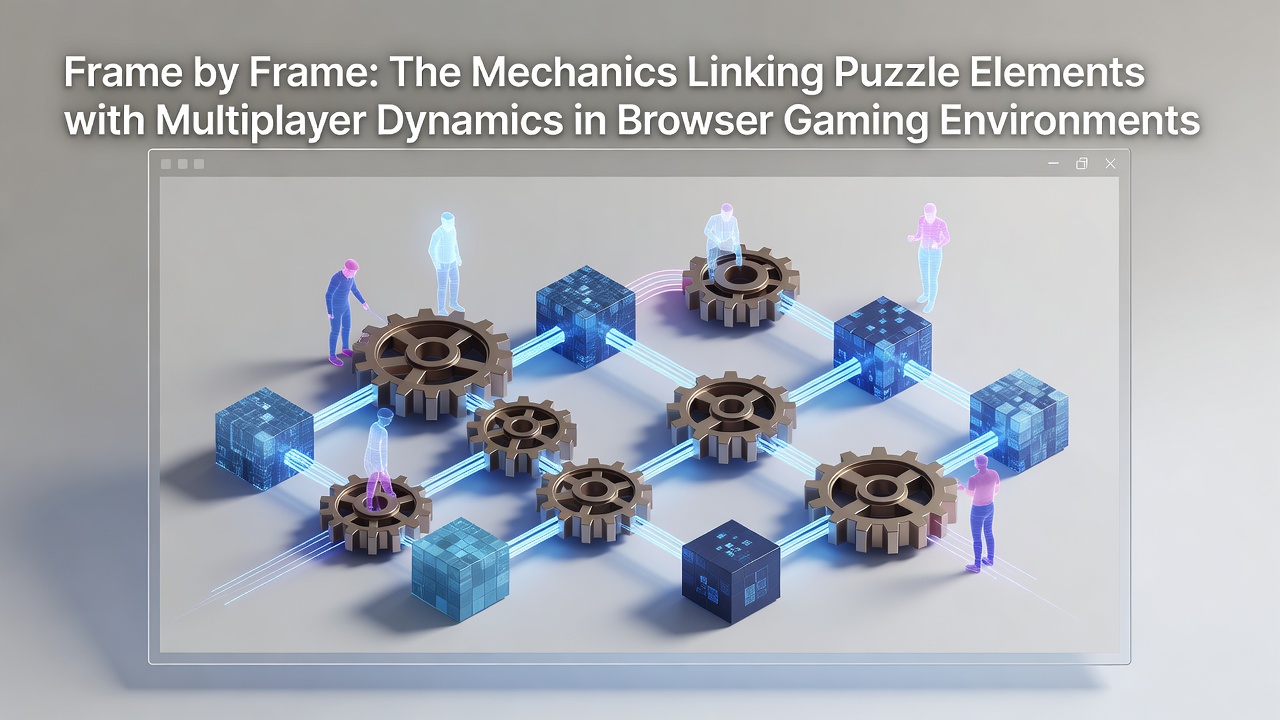 Diagram showing frame-by-frame connections between puzzle logic grids and shared multiplayer interfaces in browser environments