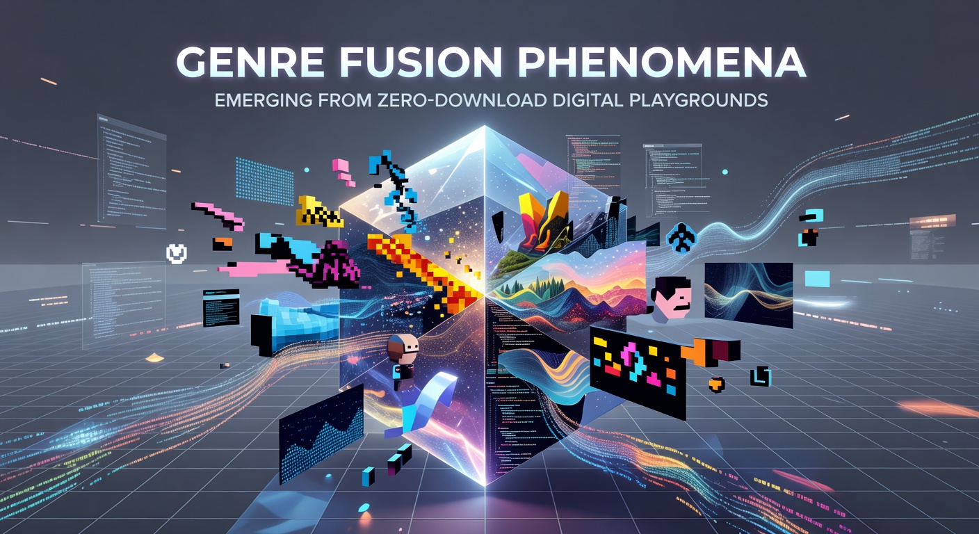 Screenshot collage depicting players engaging with fused browser game mechanics involving strategy and action elements