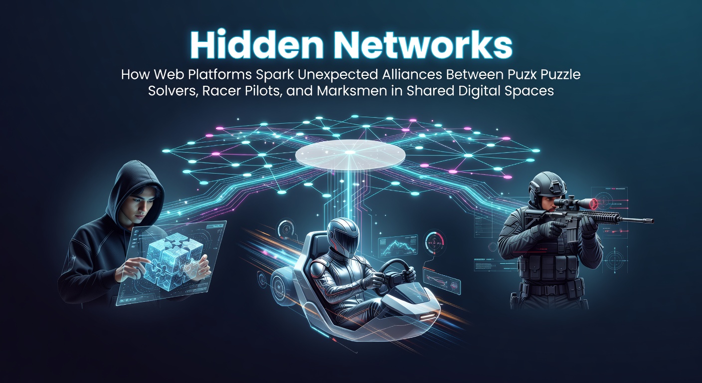 Illustration of interconnected browser game interfaces showing puzzle, racing, and shooting elements merging in shared digital environments