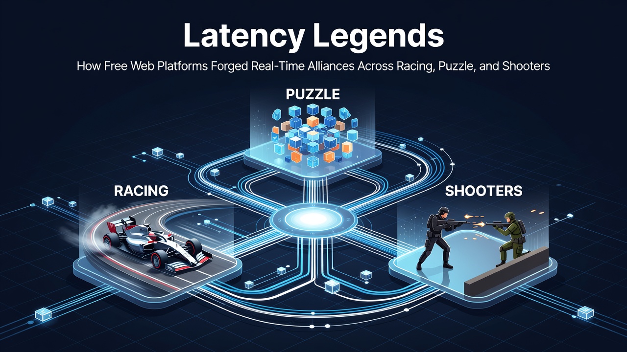 Multiple browser windows displaying synchronized gameplay where racing vehicles, puzzle interfaces, and shooting targets interact in one unified session