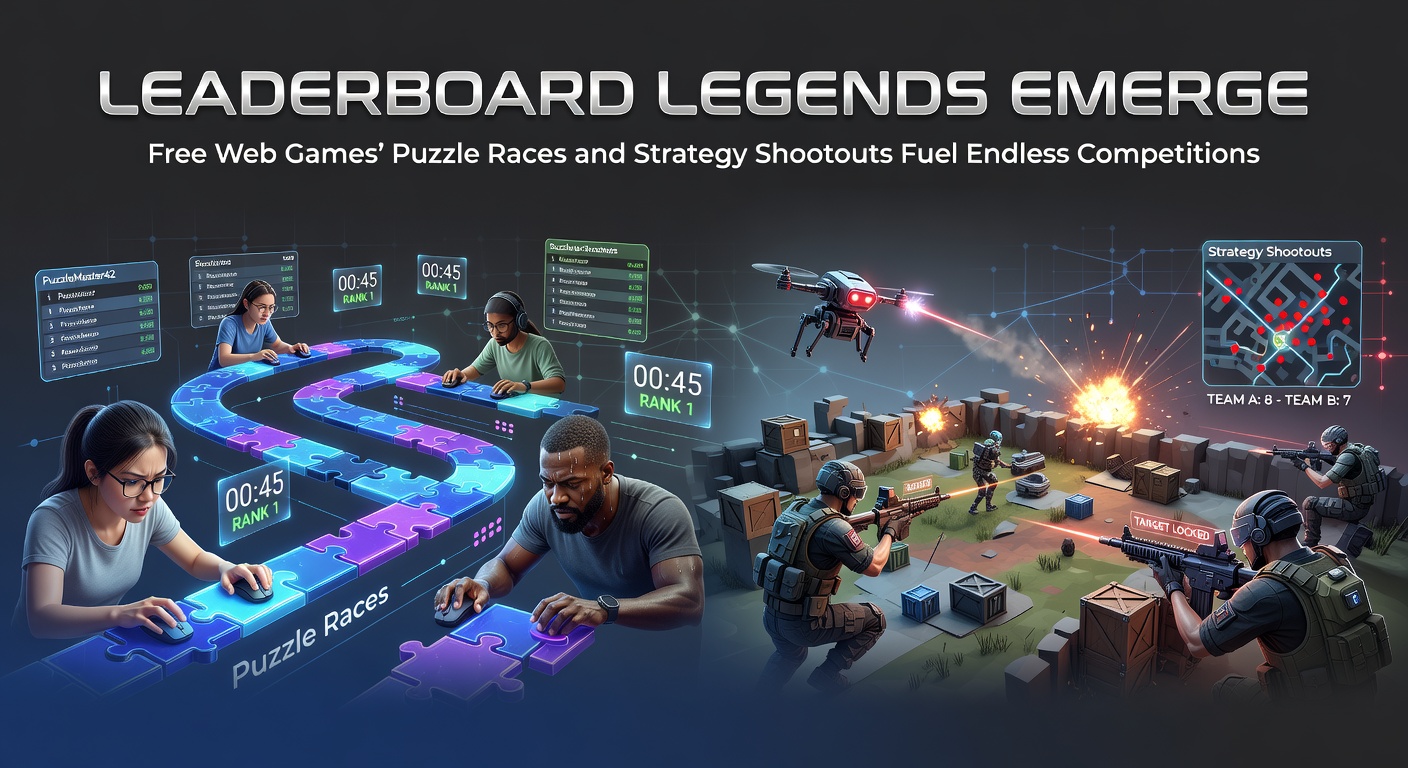 Intense leaderboard display showing top players in a fast-paced puzzle race on a free web platform, with scores updating in real-time