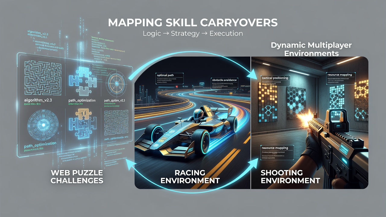 Players navigating interconnected puzzle elements within a browser-based racing environment