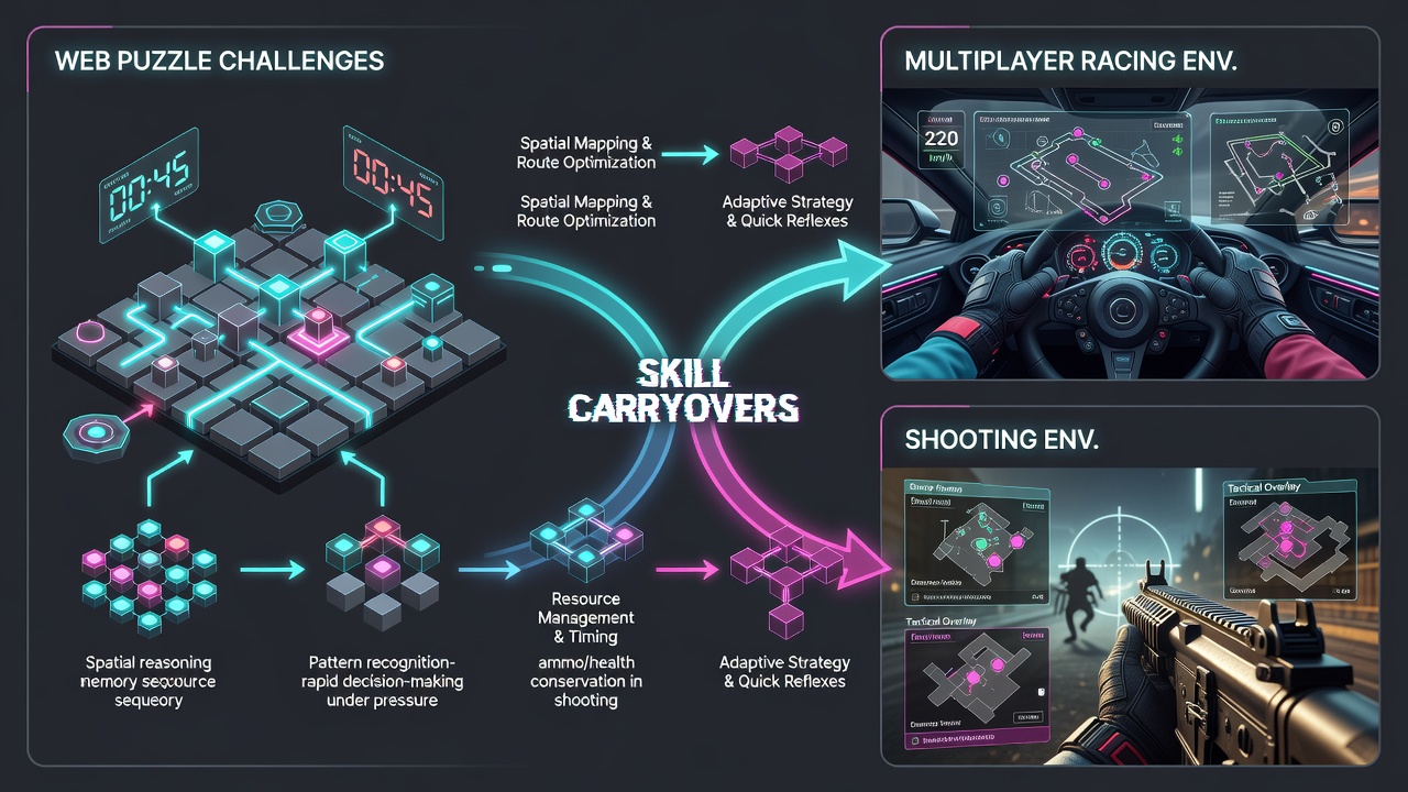 Multiplayer shooter interface displaying tactical overlays derived from puzzle logic structures