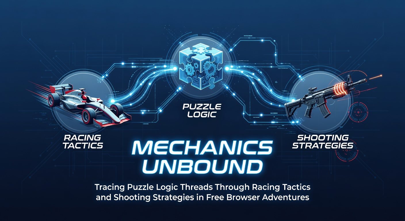 Browser game interface showing interconnected puzzle elements overlaid on a racing track with shooting targets