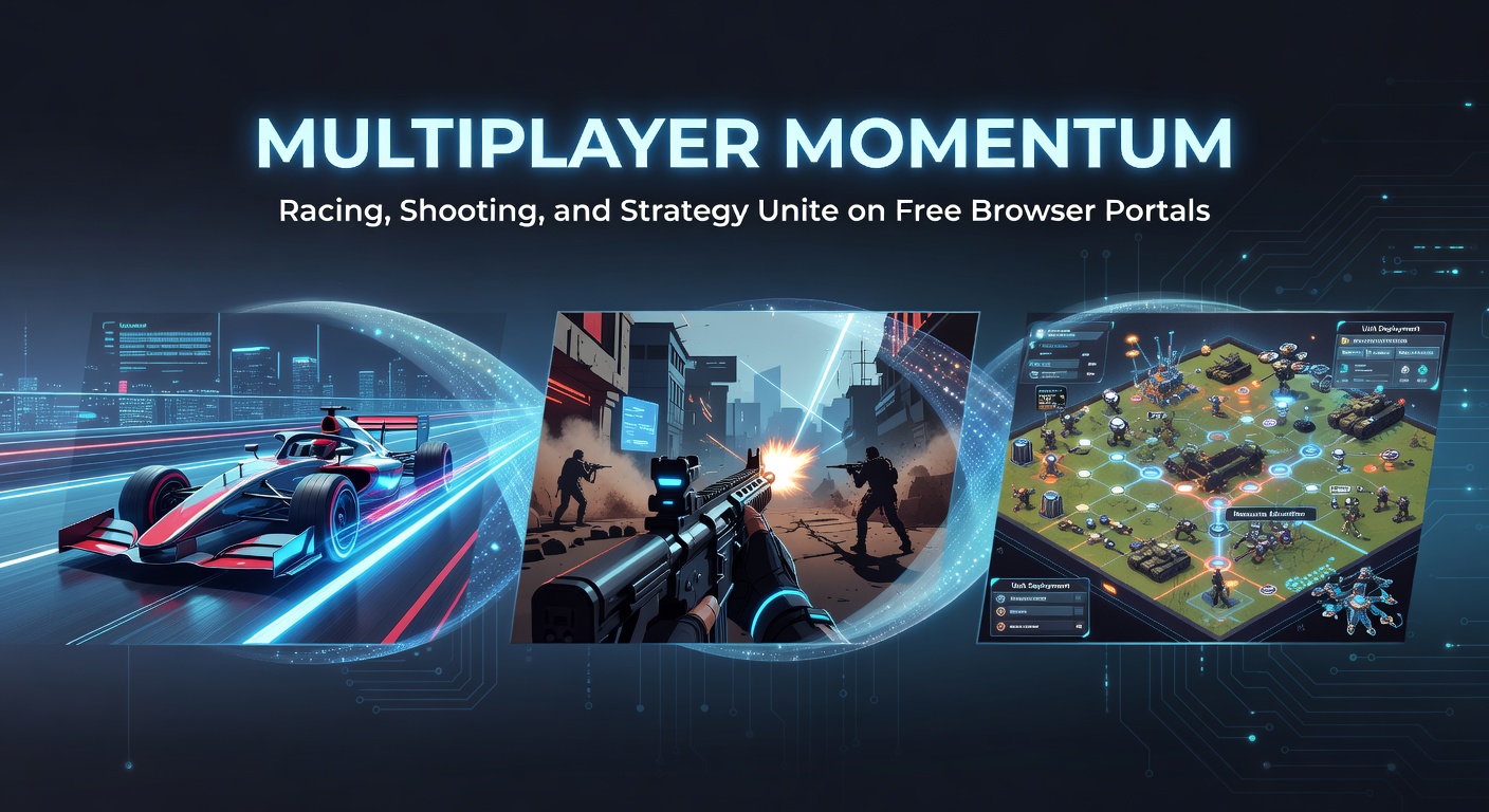 Vibrant multiplayer browser game scene showing racers, shooters, and strategy battles converging in a dynamic online arena