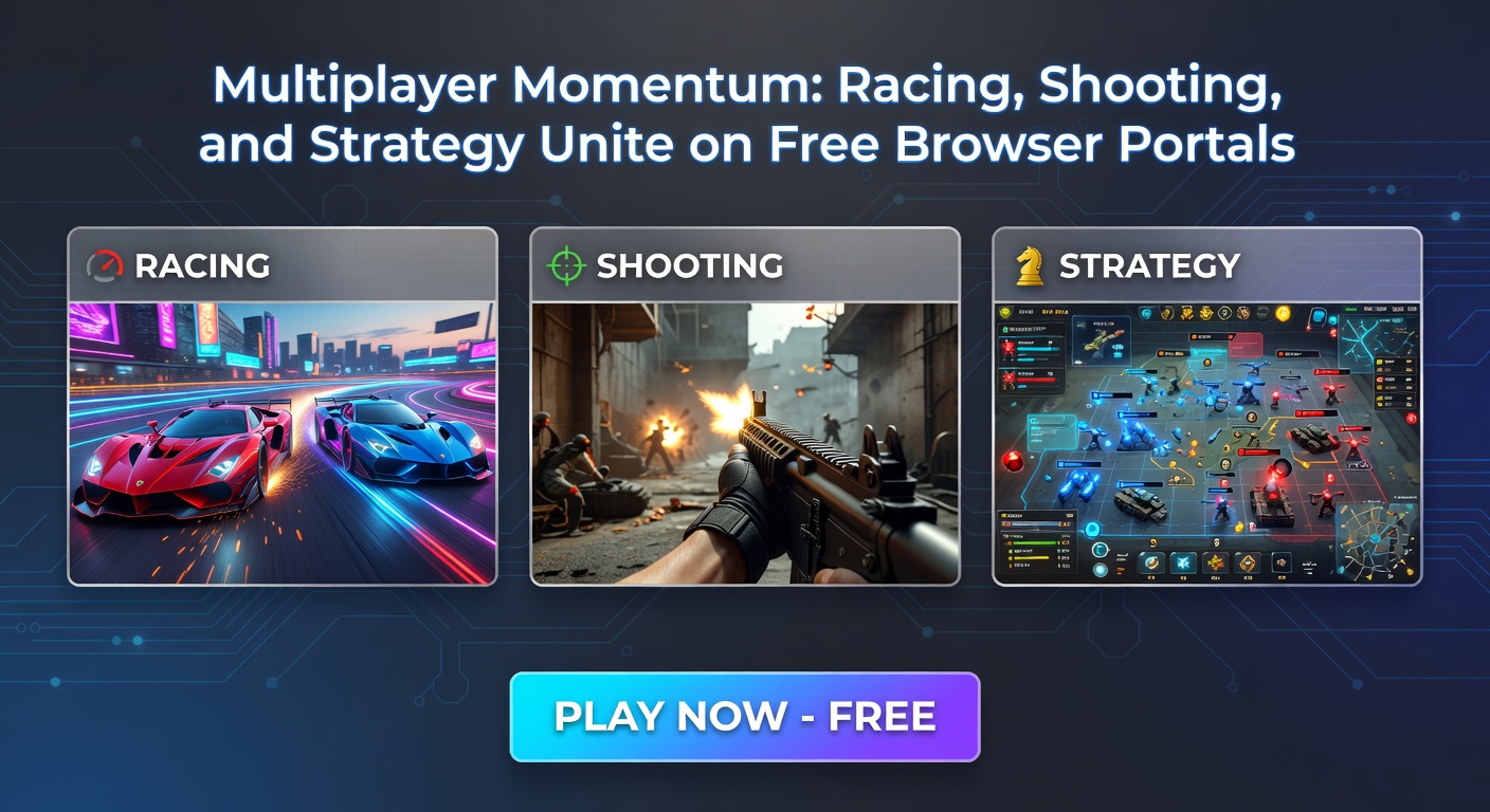 Intense close-up of multiplayer action uniting racing vehicles, shooting duels, and strategy map overlays in a free browser game portal