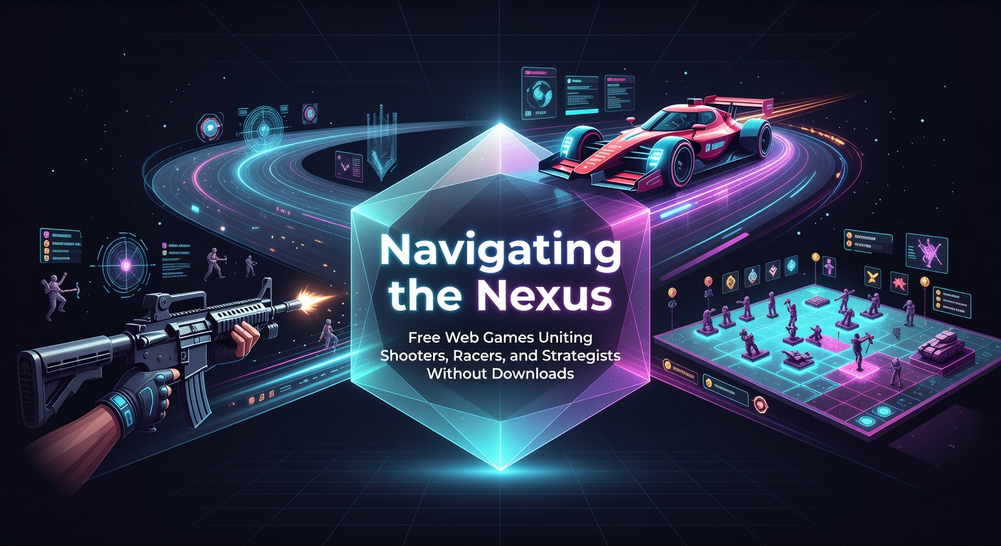 Browser-based game interfaces showing integrated shooter, racing, and strategy elements on a single platform