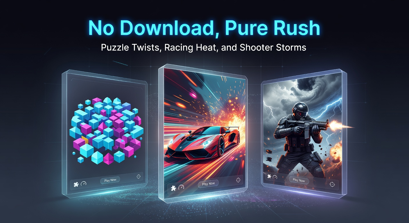 Vibrant browser game portal showcasing puzzle grids merging with racing tracks and shooter arenas in a seamless no-download interface