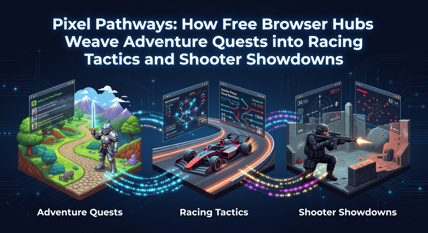 Pixel art representation of interconnected browser game hubs featuring adventure paths merging with racing tracks and shooter arenas