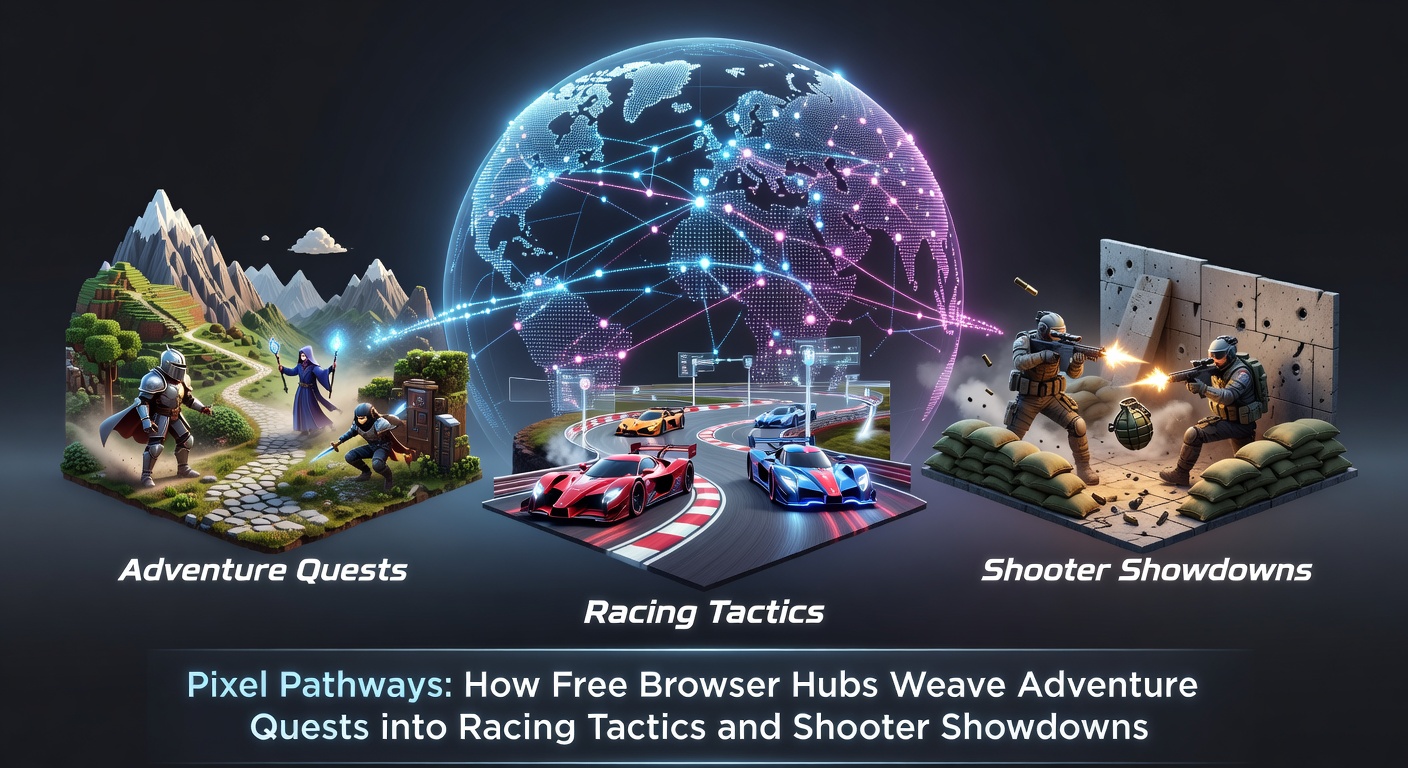 Dynamic screenshot of browser-based hybrid game showing a racer encountering quest markers while engaging shooter elements on a winding track