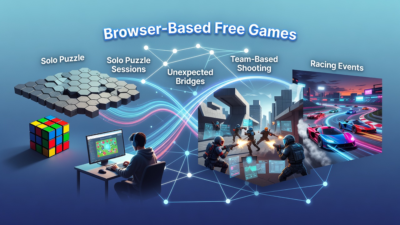 Browser game interface showing puzzle elements transitioning into multiplayer racing scenes