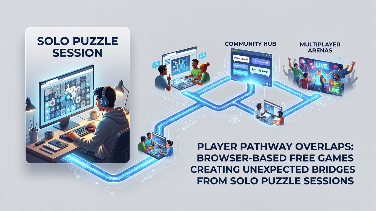 Multiplayer browser game dashboard displaying player pathways from puzzle modes to team shooting events