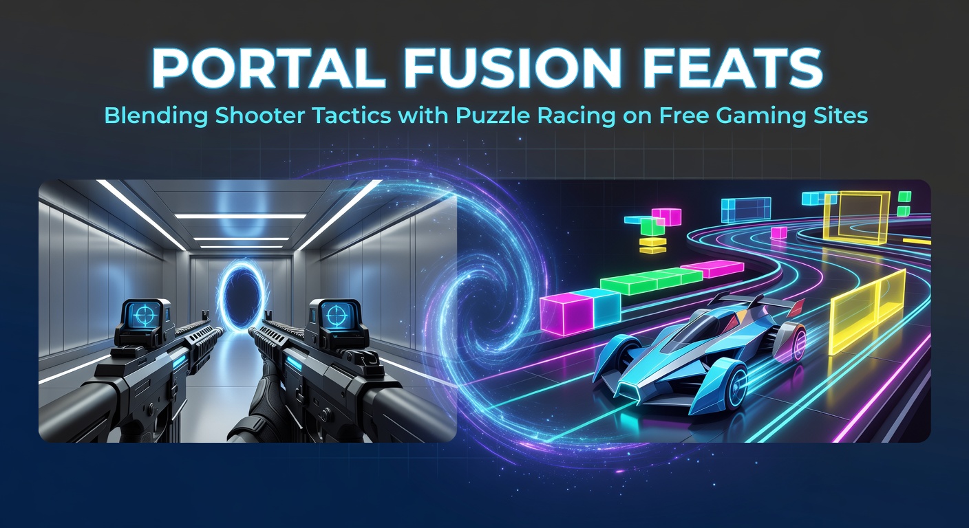 Dynamic screenshot of a portal-shooter race hybrid game showing players navigating portals amid racing tracks and enemy shootouts on a free browser site