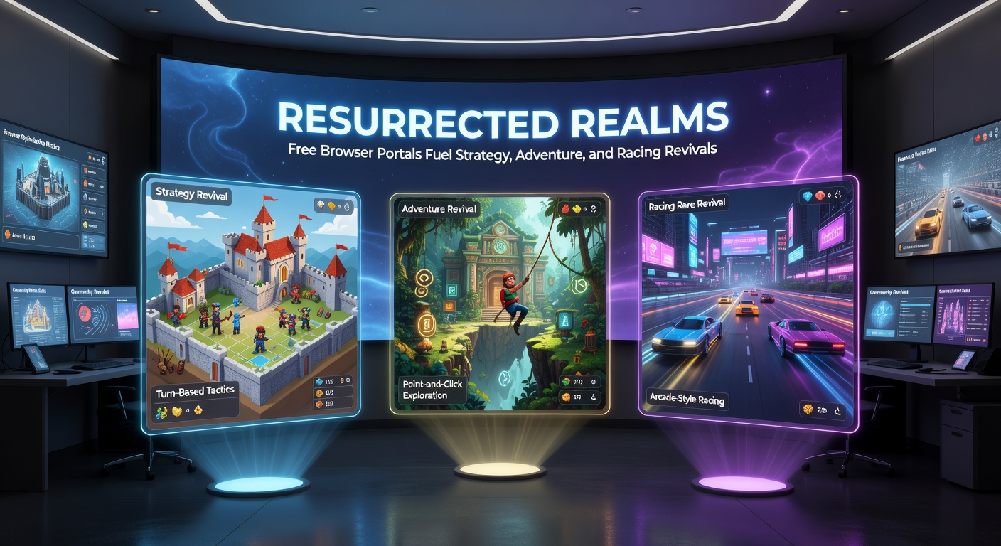 Dynamic action shot of an adventure game in a browser portal, showing a hero navigating mystical forests, solving puzzles, and battling foes