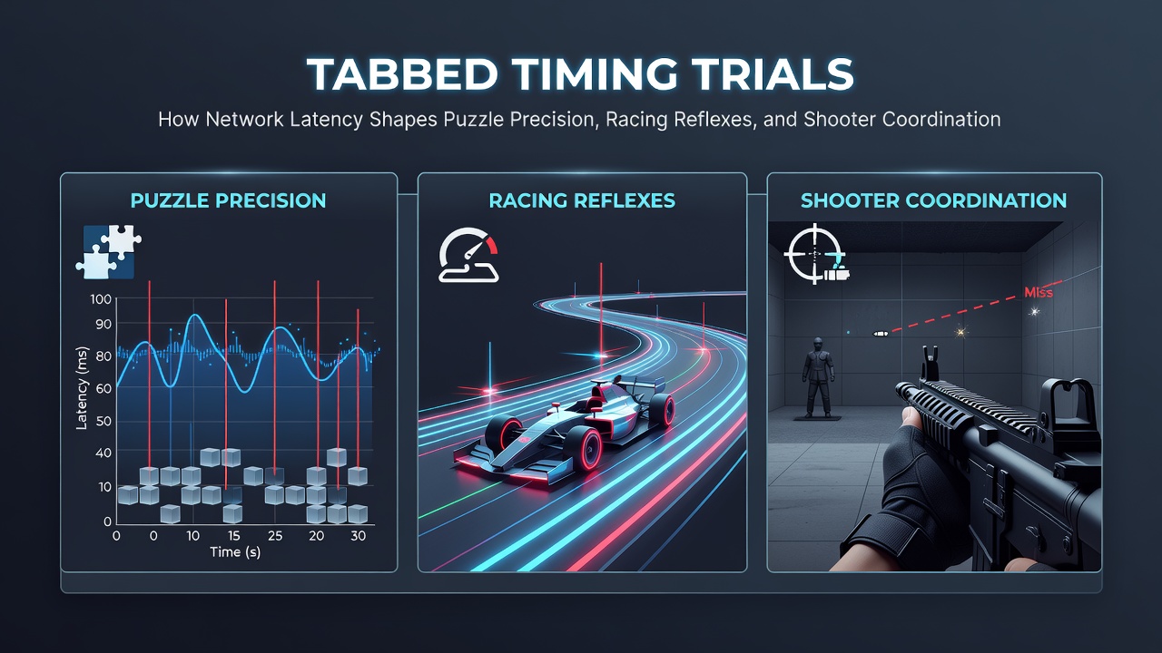 Screenshot of a browser racing game interface highlighting ping indicators and timing metrics