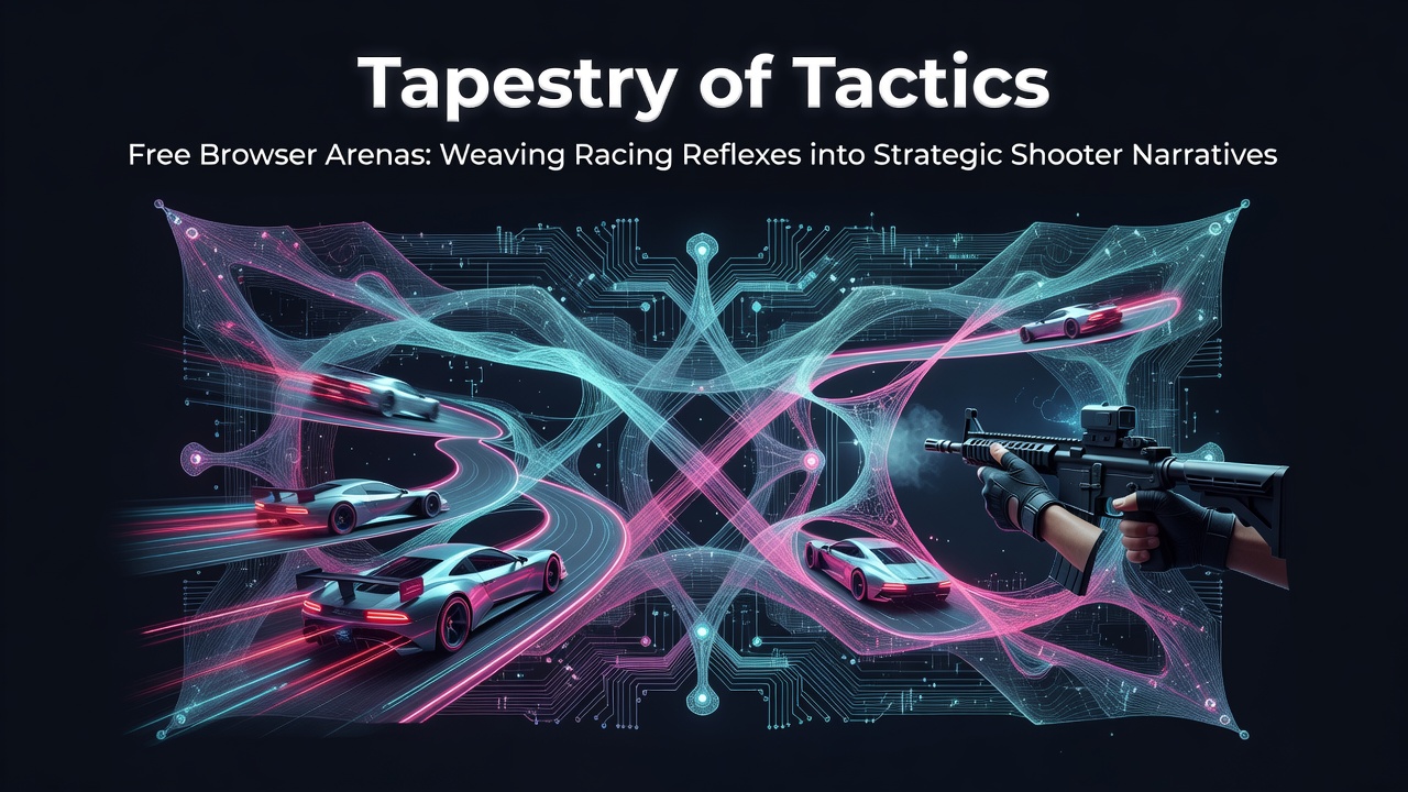 Browser game interface showing integrated racing and shooter elements on a free web portal