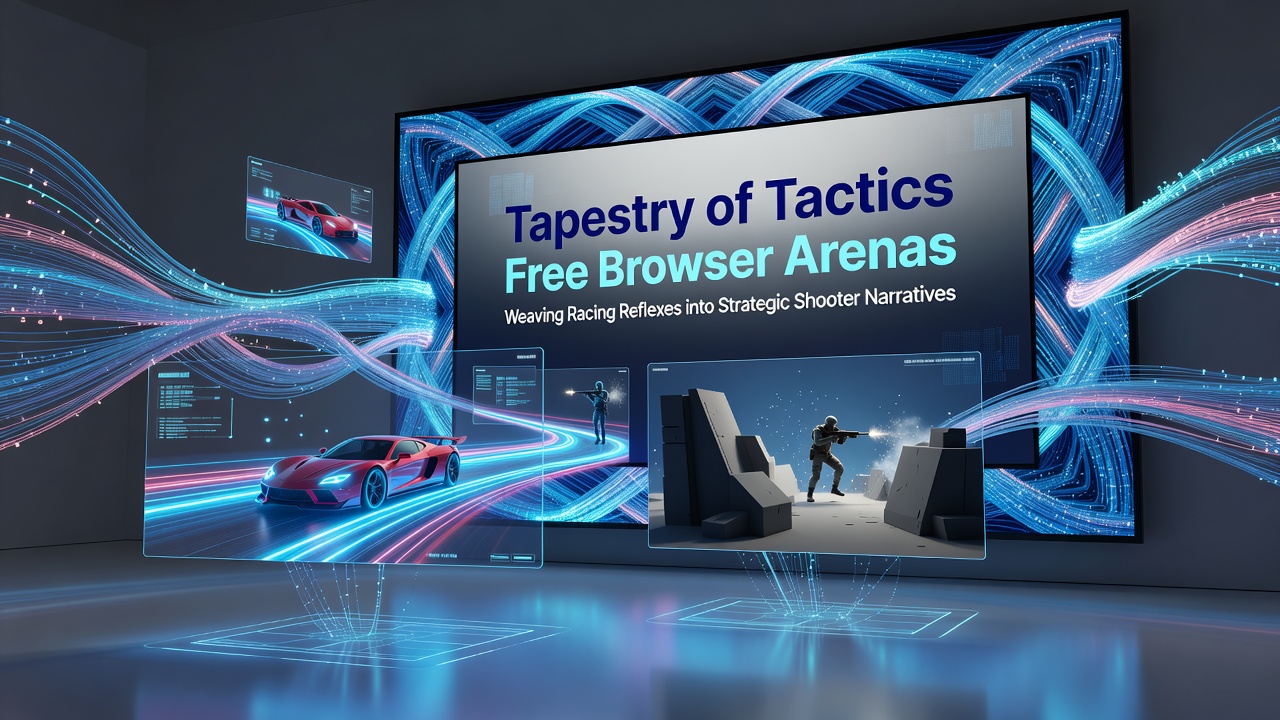 Multiplayer scene in a browser arena where racing paths intersect with shooter objectives