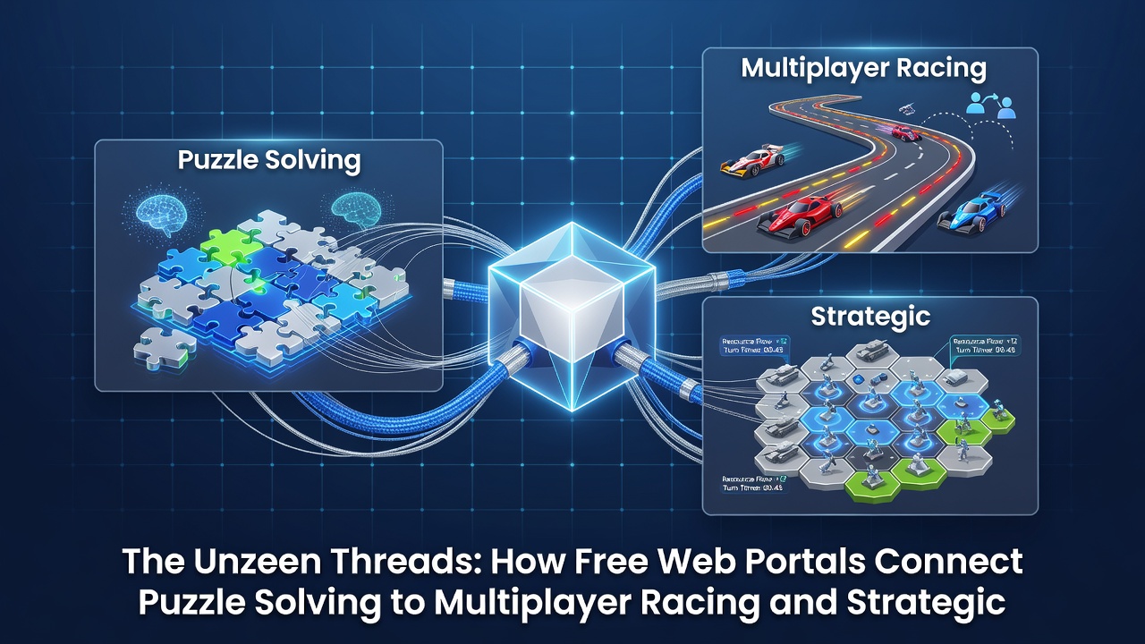 Multiplayer racing and combat scenes blended with puzzle interfaces on unrestricted web game platforms