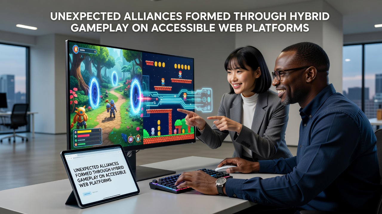 Diverse players collaborating in a hybrid browser game environment showing puzzle and racing elements