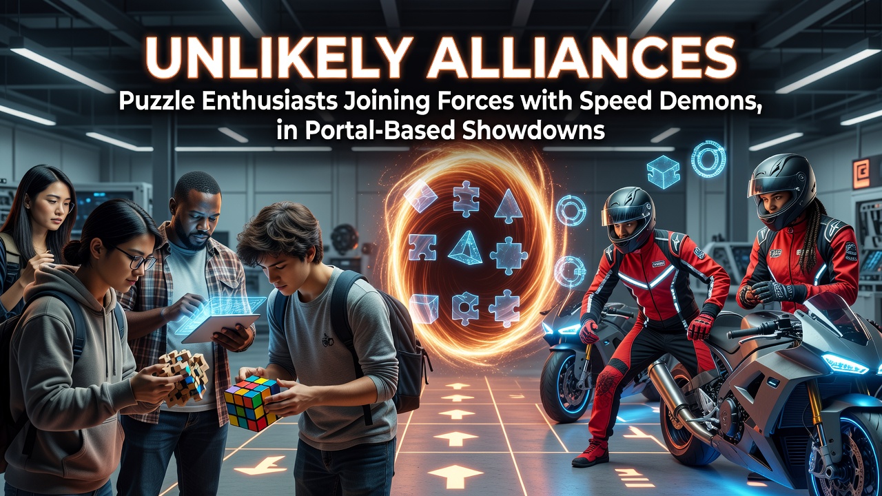 Players collaborating in a browser-based portal game that blends puzzle elements with high-speed racing challenges