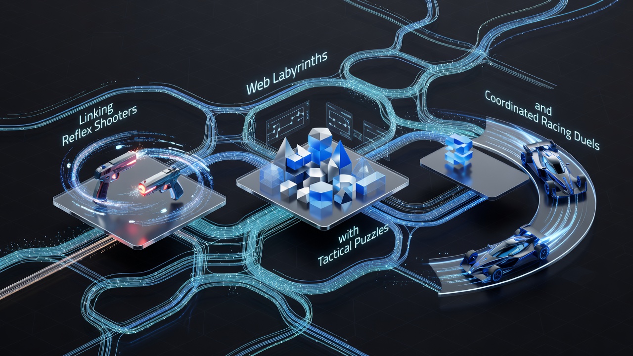 Browser game interface showing interconnected shooter arenas with puzzle elements and racing tracks