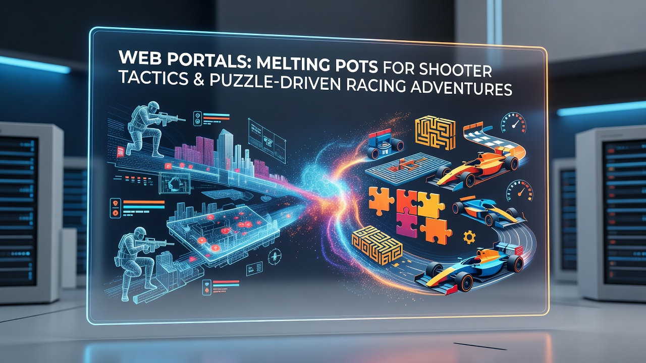 Browser game interface showing a hybrid shooter and racing scene with puzzle elements overlaid on a track