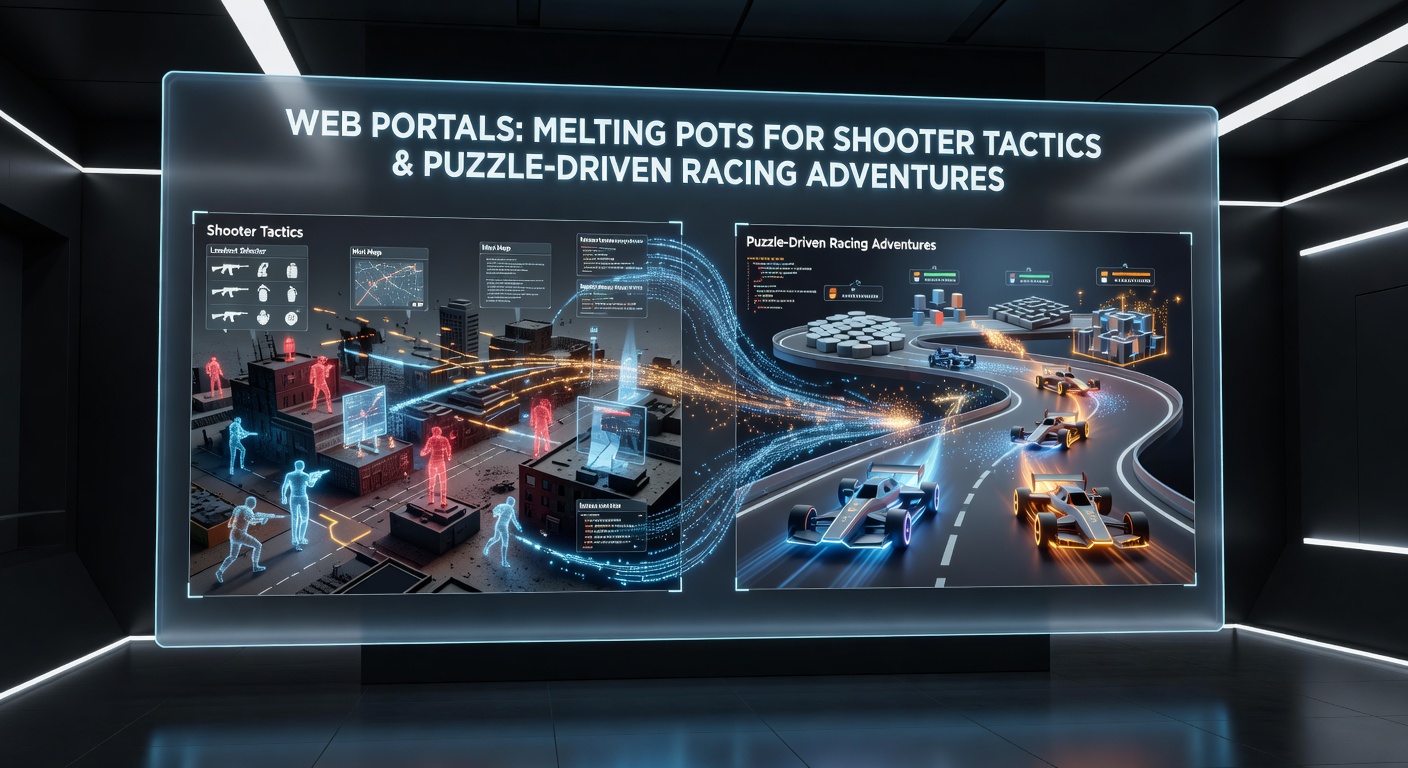Multiplayer browser game screenshot with racing track integrated with shooter targets and puzzle interfaces